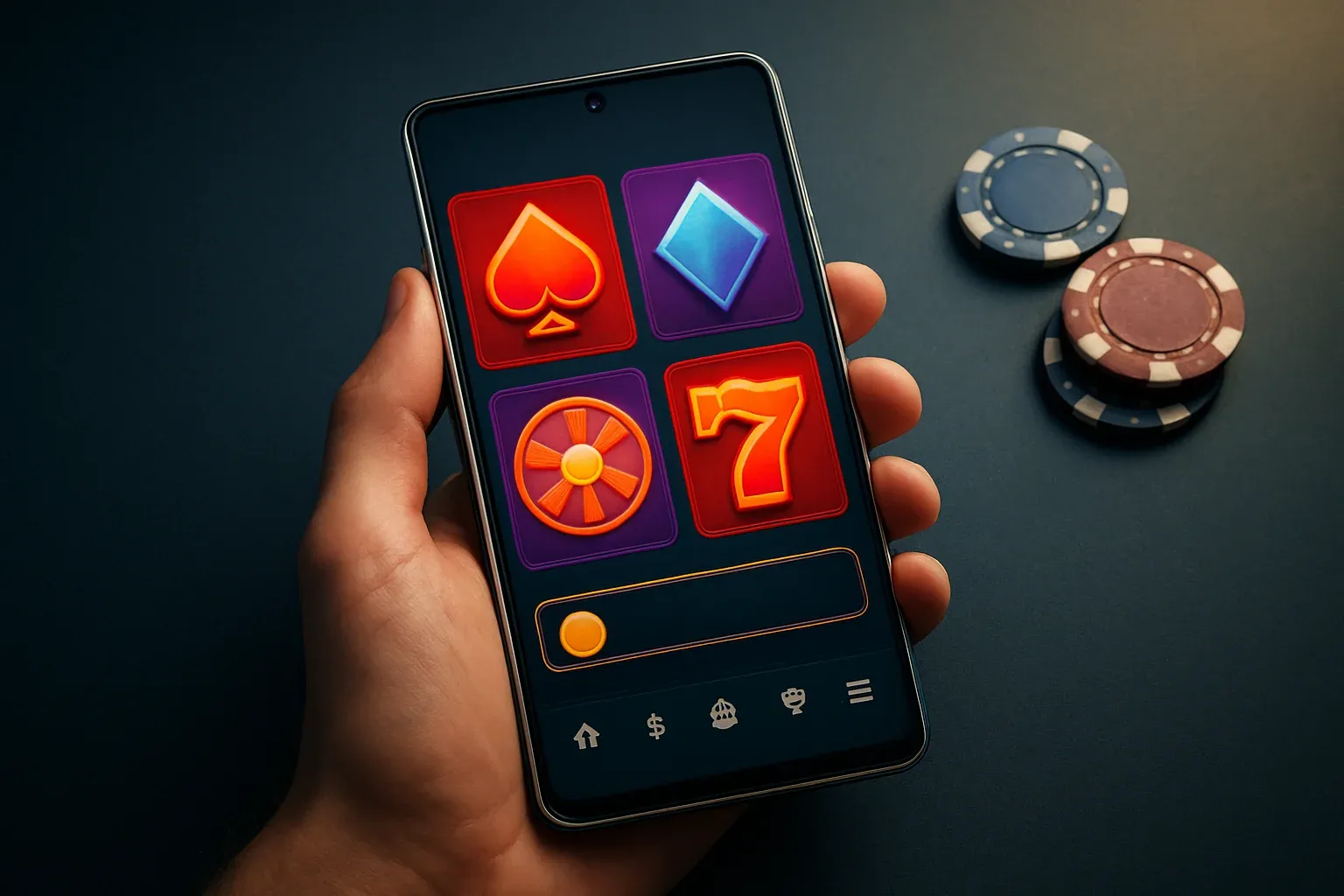 Flagship Android smartphone displaying vivid casino app interface in studio lighting