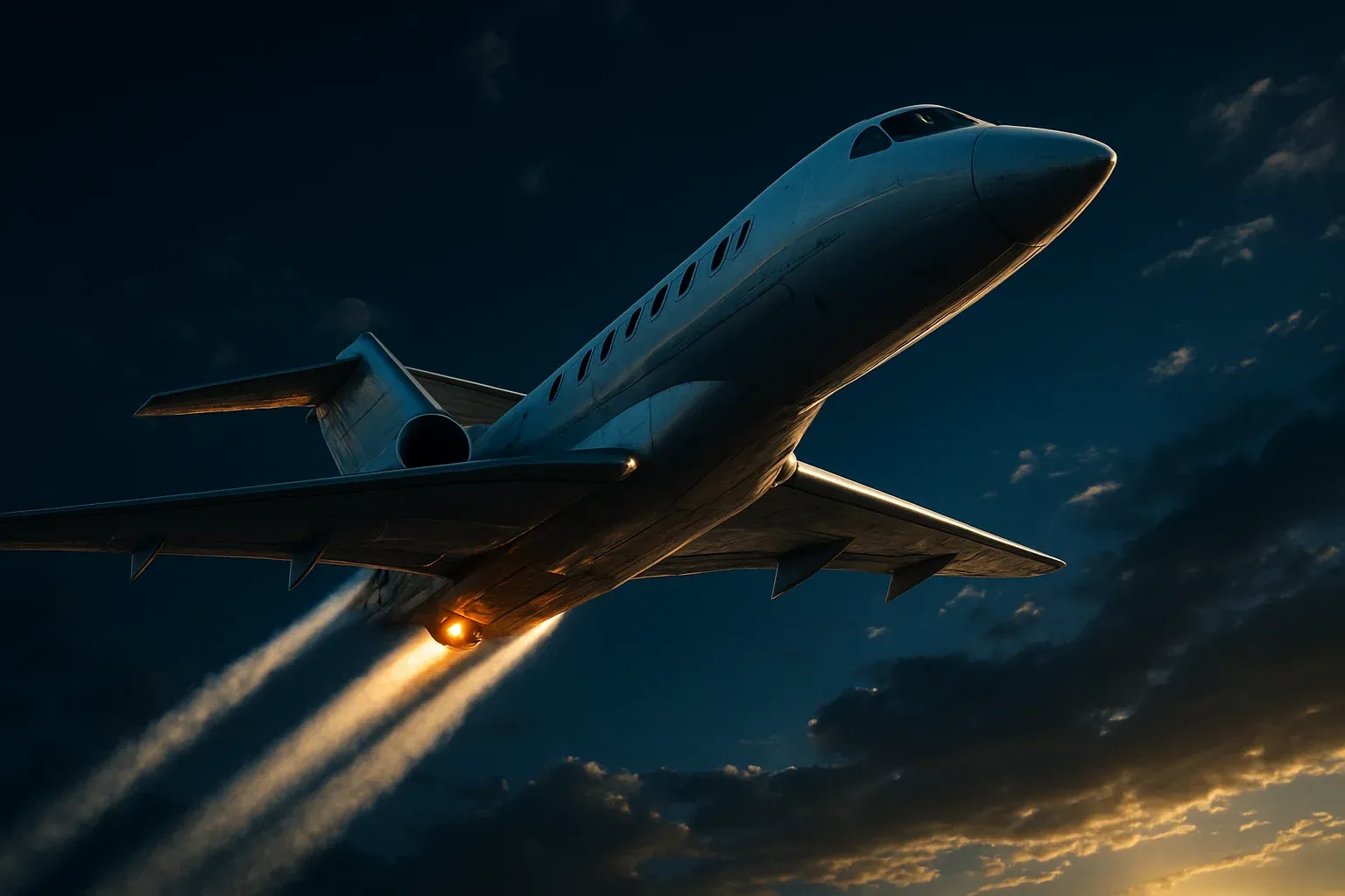 Hyperrealistic white jet aircraft climbing steeply in deep blue sky