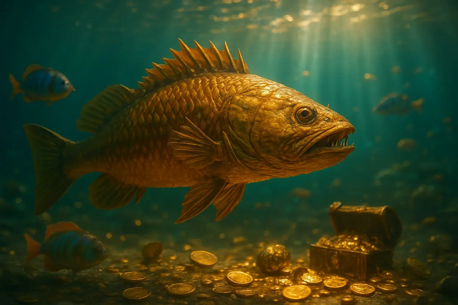 Hyperrealistic golden dragon fish underwater with treasure and glowing coins