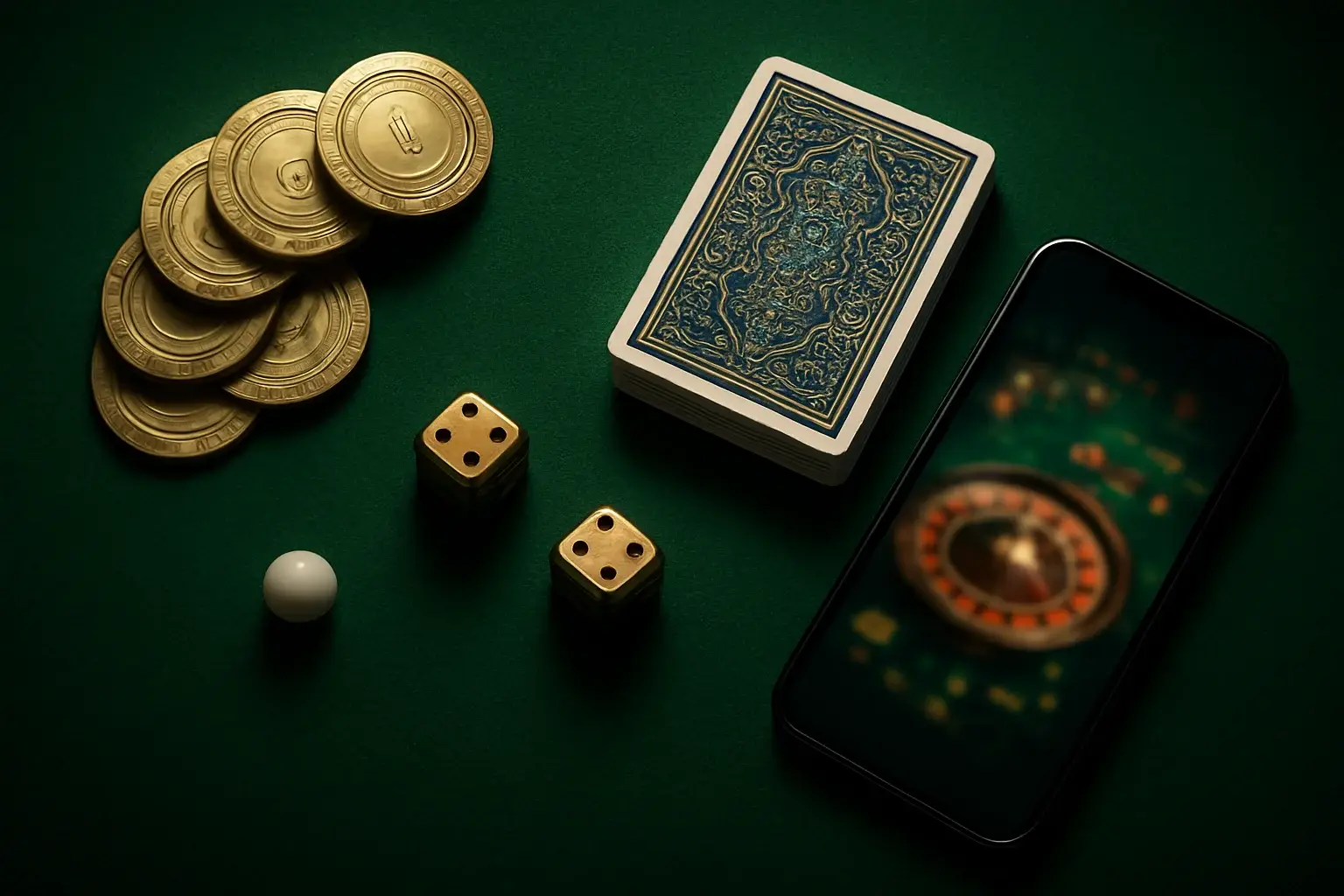 Top-down premium casino table with golden chips, cards, dice, roulette ball, smartphone