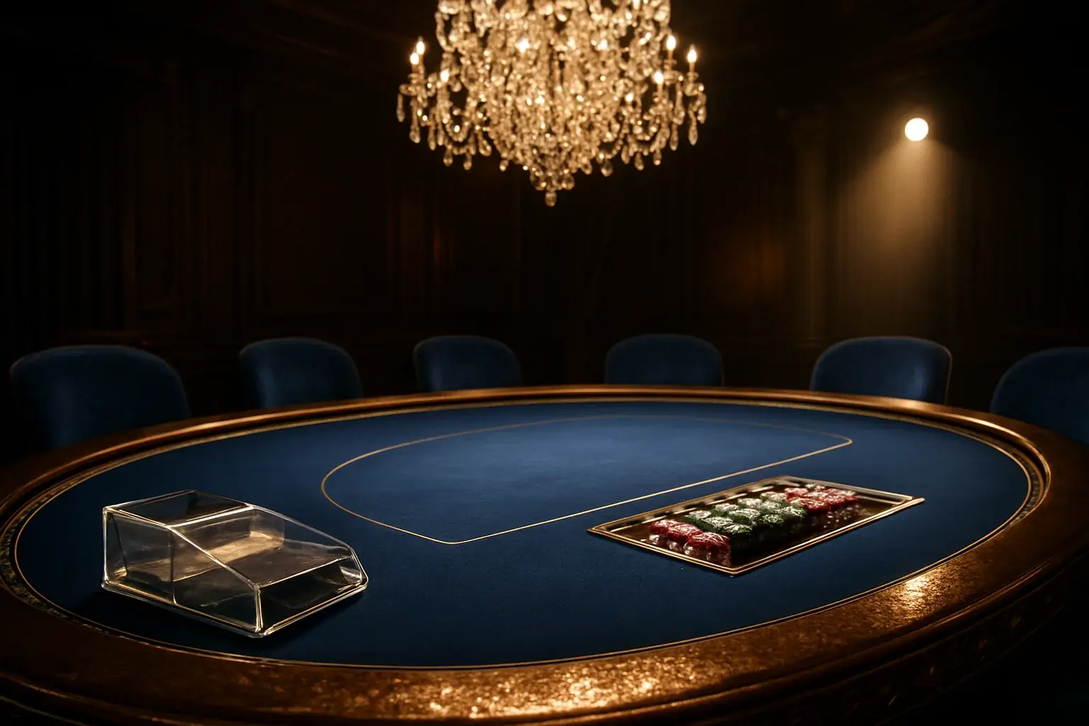 Hyperrealistic live baccarat studio in the Philippines with blue felt table