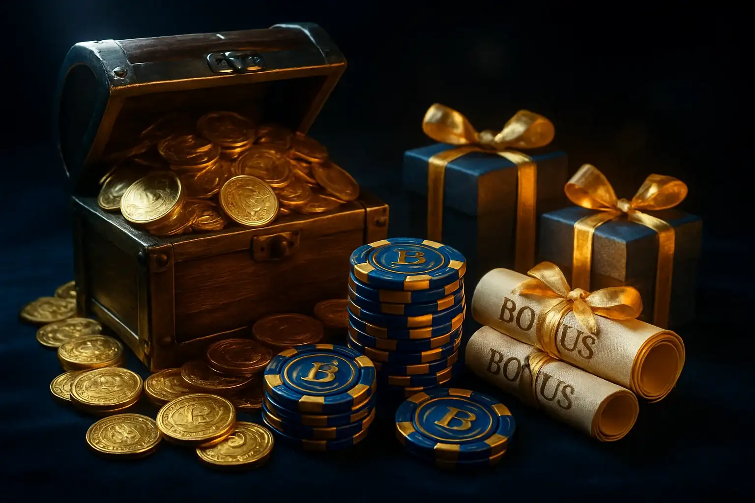 Overflowing treasure chest with gold coins, casino chips, vouchers, and gift boxes