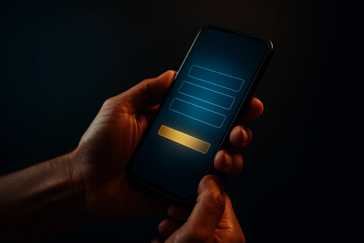 Filipino man's hands holding smartphone with glowing registration screen interface