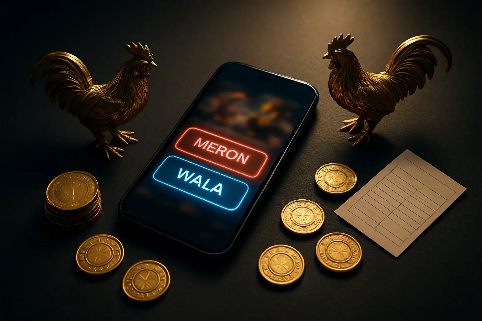 Smartphone with sabong betting interface, golden roosters, coins, and chips