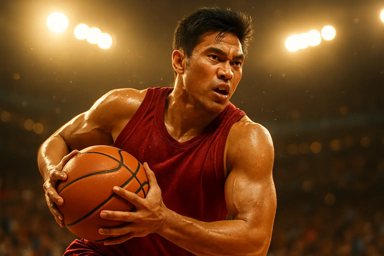 Filipino PBA basketball player mid-air driving powerfully toward the basket